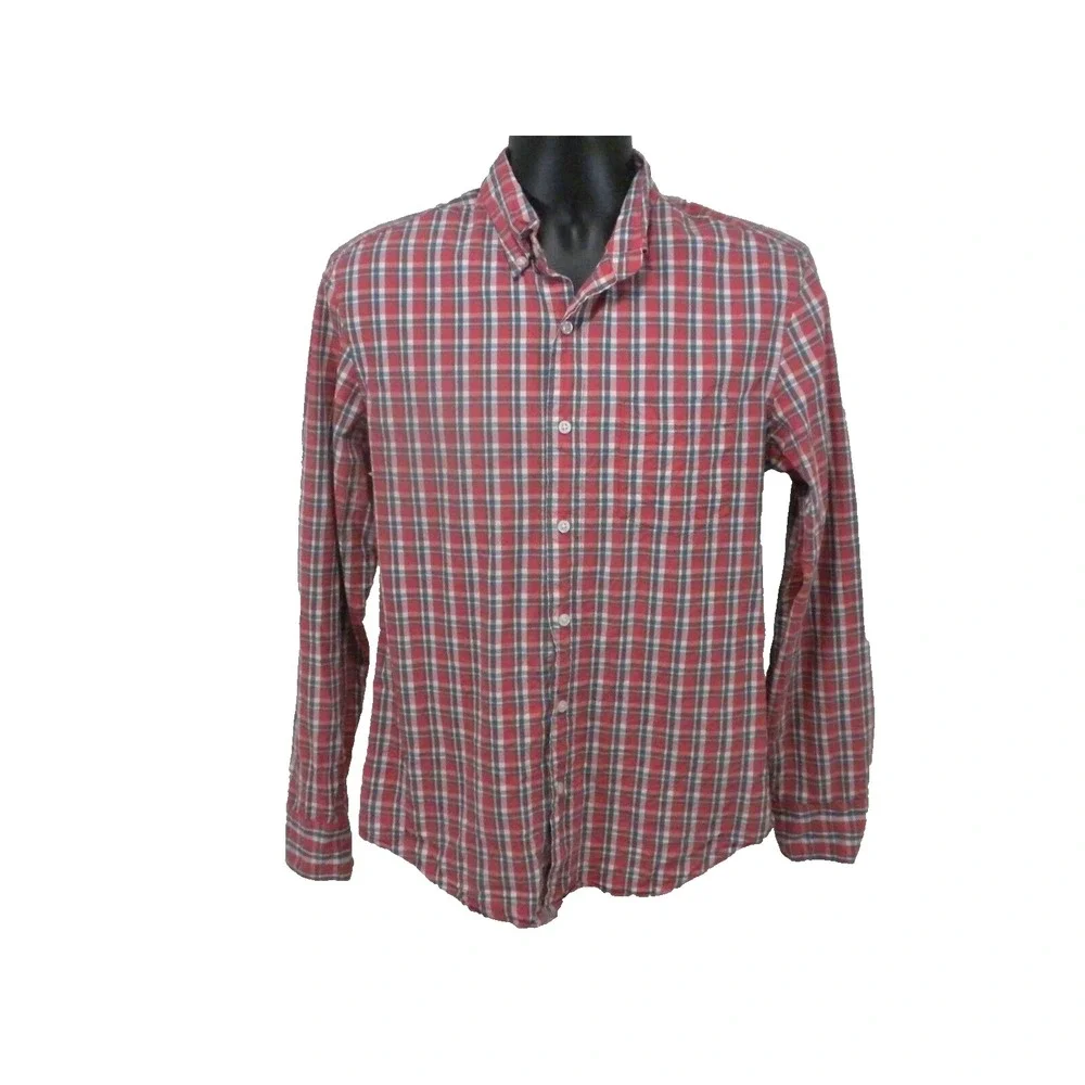 J‎ Crew Flex Washed Shirt Mens M Red Blue Plaid Slim Fit Button Down Ivy Preppy